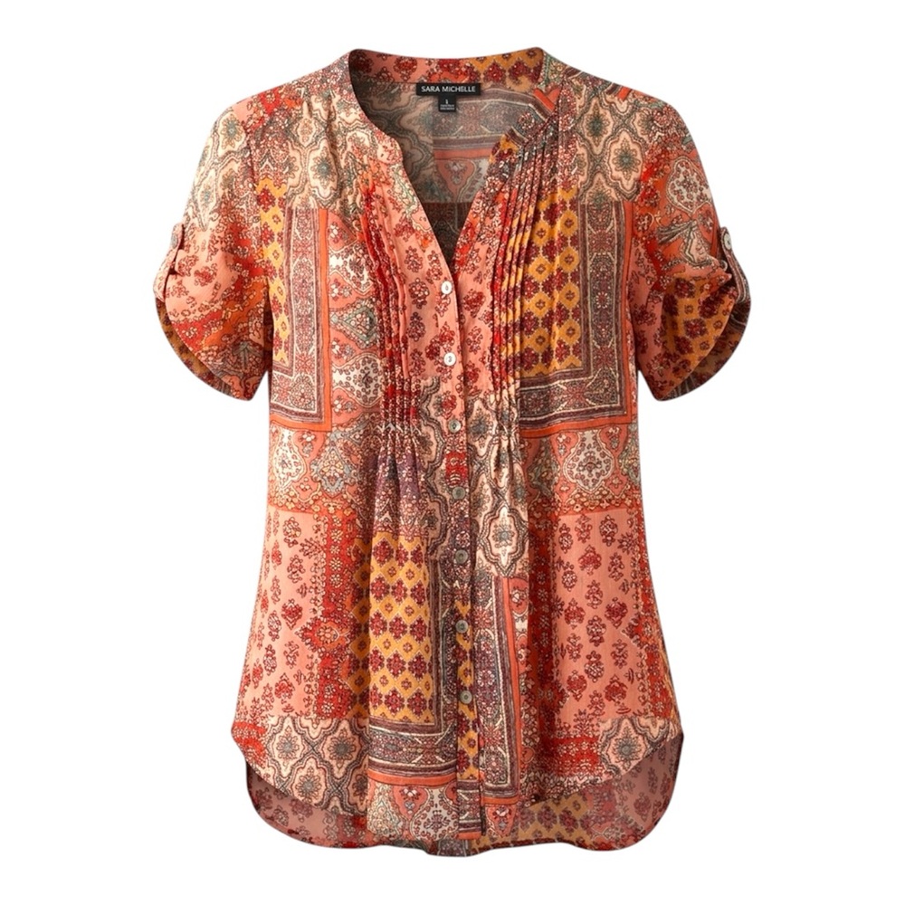 Sara Michelle Boho Patchwork Semi- Sheer Pintuck Button Front Blouse Size Large